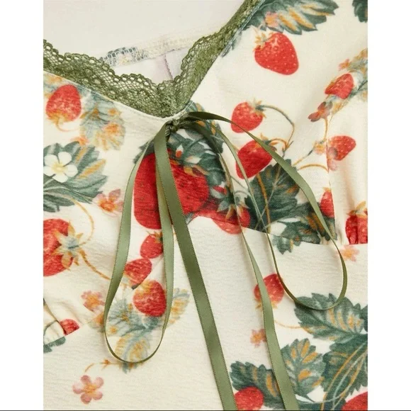 Cider Strawberry Floral Lace Trim Bow Midi Dress Fairy Cottagecore Coquette NEW! - Picture 2 of 16